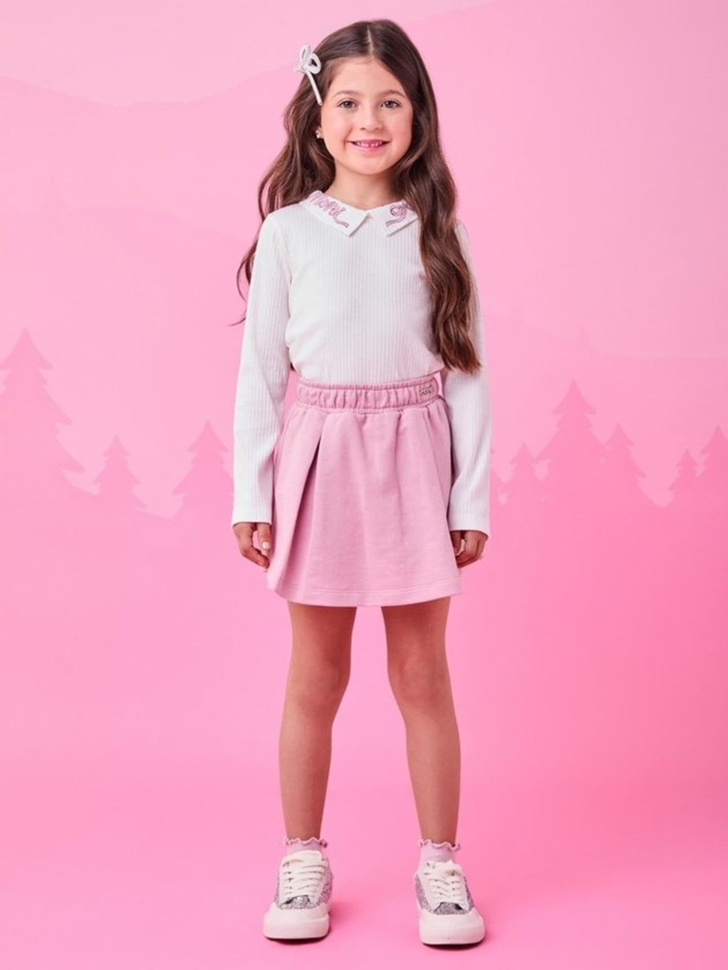 Conjunto Infantil Momi Inverno com Shorts Saia Rosa e Blusa Manga Longa Branca Lacinho