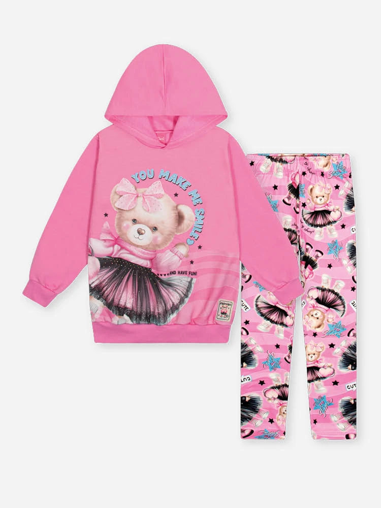 Conjunto Infantil Cinti Inverno com Calça Legging Rosa e Moletom Flanelado Ursinha Smile