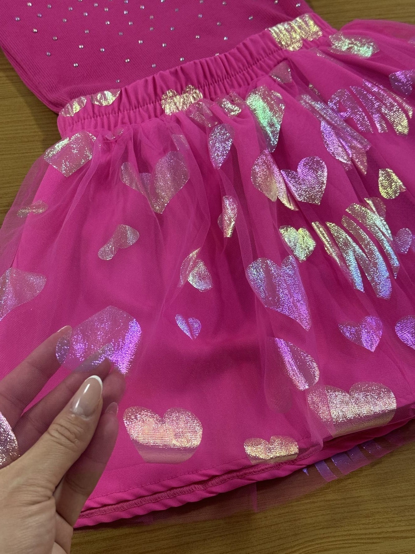 Conjunto Infantil Animê Verão Saia Rosa Tule Coração e Blusa Brilho