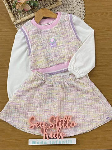 Conjunto Infantil Kukiê Inverno com Saia, Colete Tweed colorido e Blusa Manga Longa