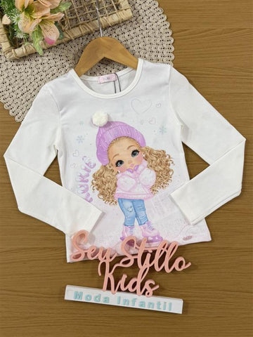 Blusa Infantil Kukiê Inverno Manga Longa Branca Menininha Esqui