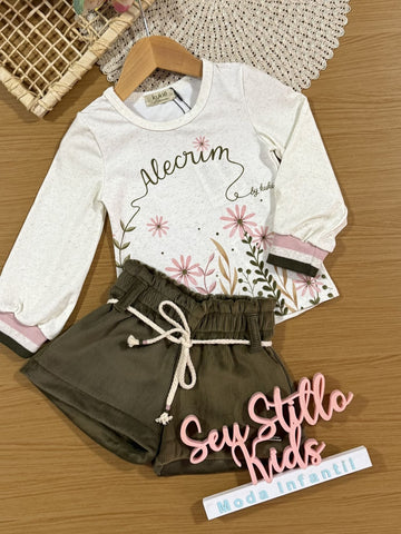 Conjunto Infantil Kukiê Inverno com Shorts Verde e Blusa Manga Longa Alecrim