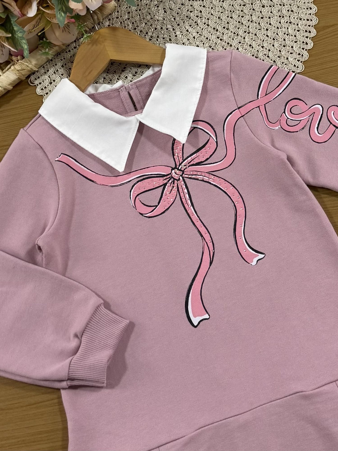Vestido Infantil Momi Inverno Rosa Lacinho com Strass