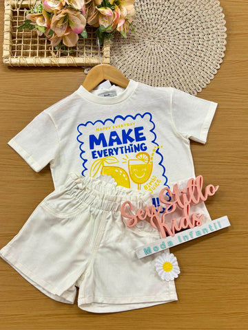 Conjunto Infantil Menina Bimbi com Shorts e Blusa Branca Limãozinho