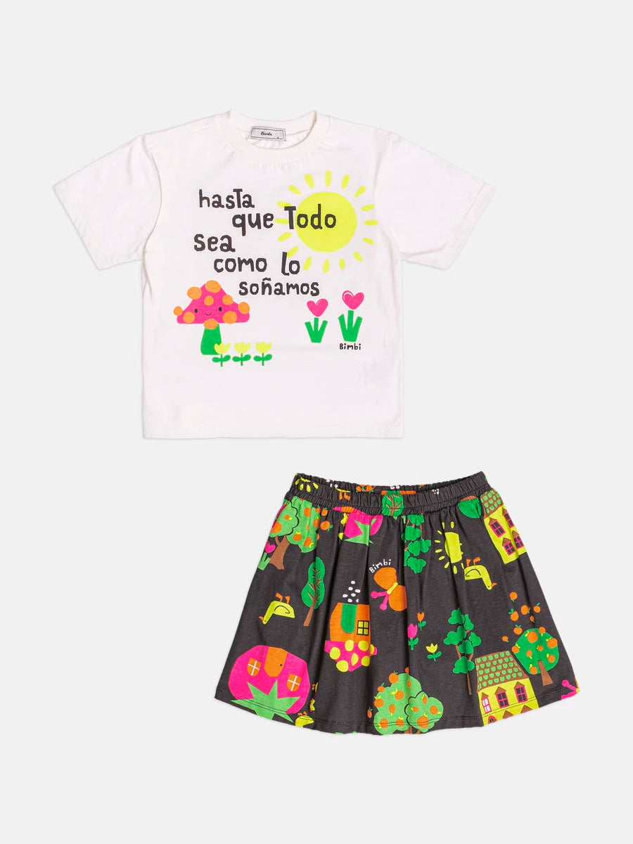 Conjunto Infantil Bimbi Inverno com Saia Preta e Blusa Manga Curta Cogumelo Feliz