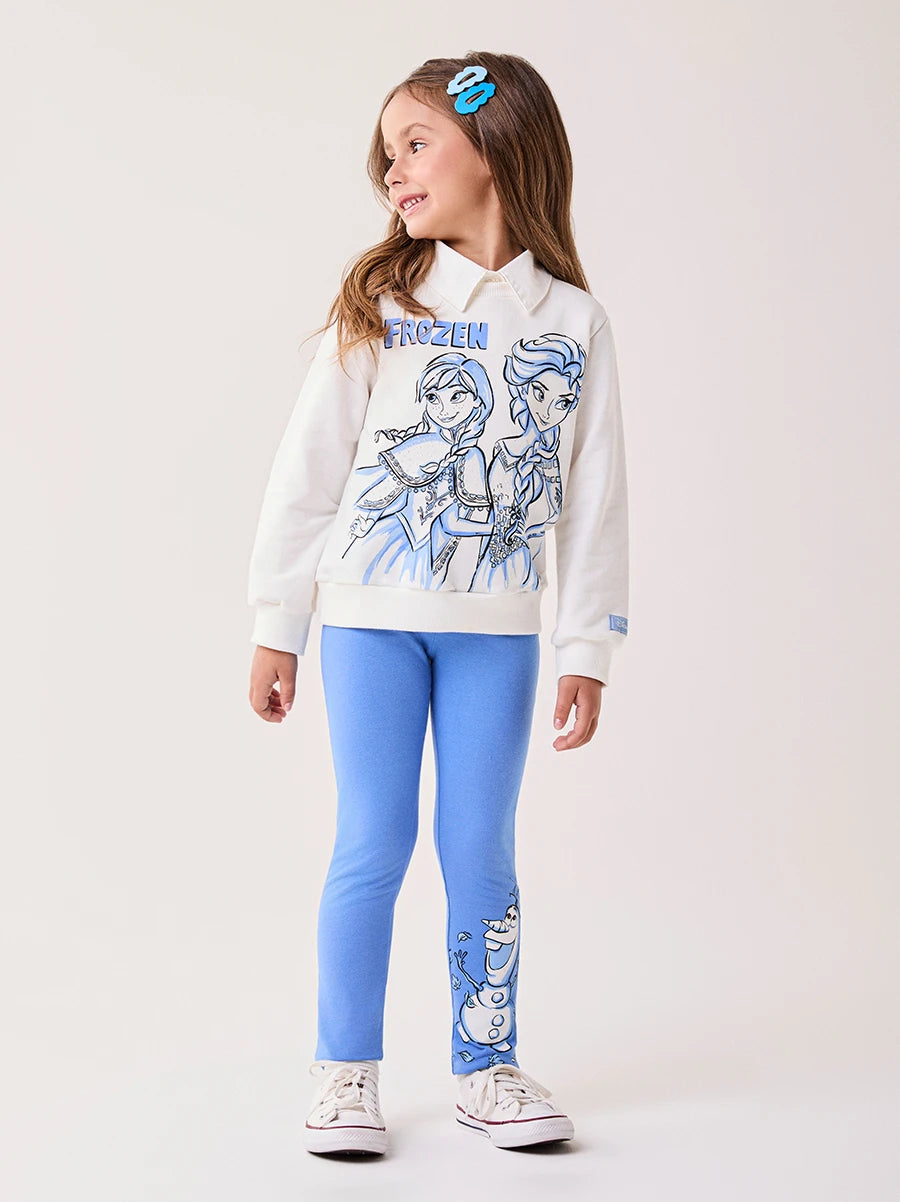 Conjunto Infantil Bimbi Inverno com Calça Legging Azul e Moletom sem Flanela Frozen Disney