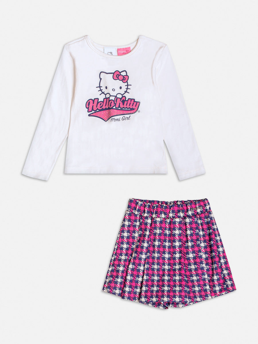 Conjunto Infantil Momi Short Saia e Blusa Manga Longa Hello Kitty com Strass