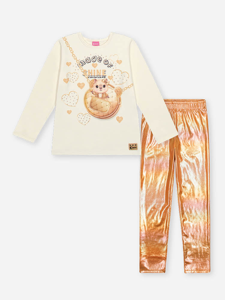 Conjunto Infantil Cinti Inverno com Calça Legging Holografica e Blusa Manga Longa Capivara Fashion