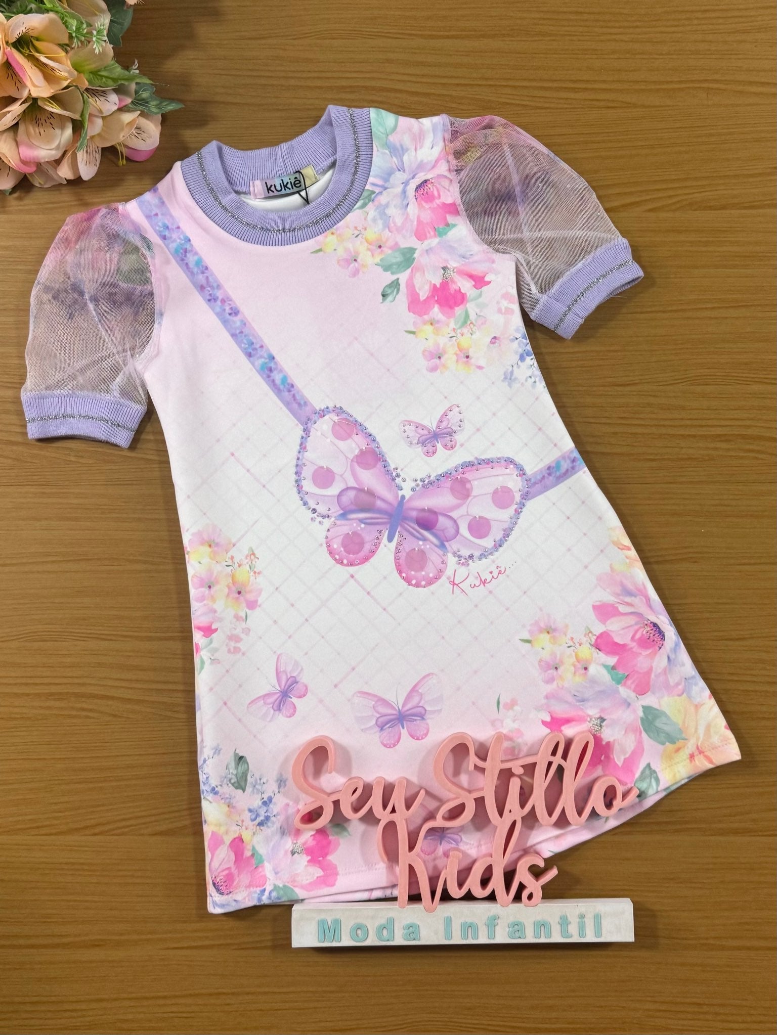 Vestido Infantil Kukie Inverno Manga Curta Borboleta
