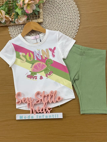 Conjunto Infantil Kukiê com Shorts Ciclista Verde e Blusa Manga Curta Sunny