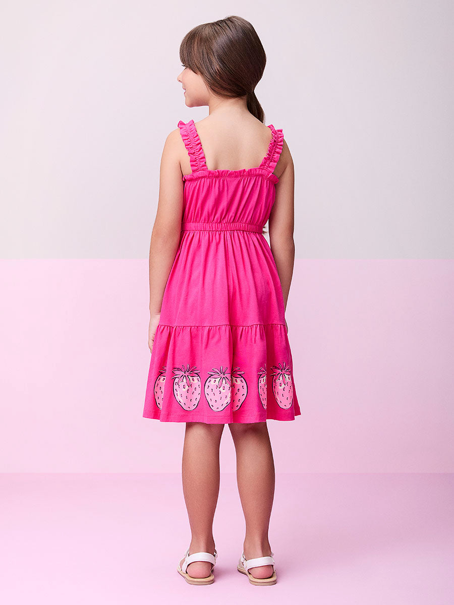 Vestido Infantil Momi Verão Rosa com Babado Moranguinho