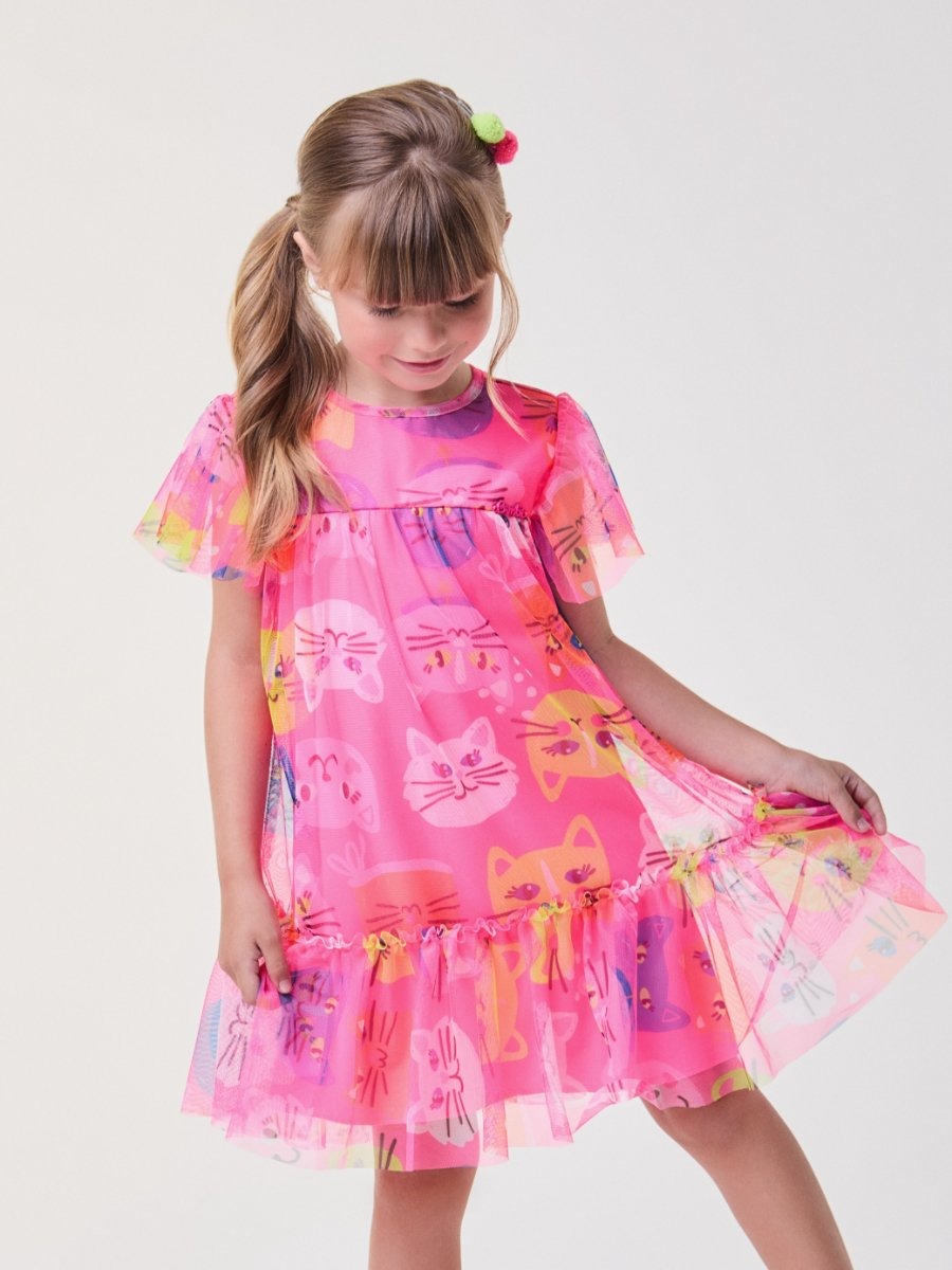 Vestido Infantil Bimbi Verão Rosa com Tule Gatinhos