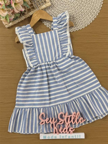 Vestido Infantil Kukiê Verão Azul Listrado