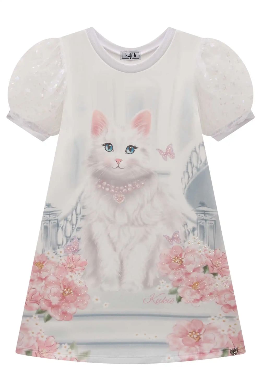Vestido Infantil Kukie Verão Branco Gatinha