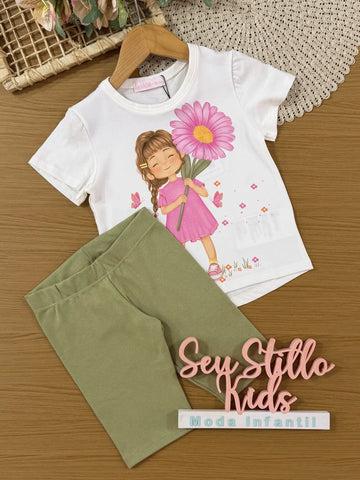 Conjunto Infantil Kukiê com Shorts Ciclista e Blusa Branca Florista