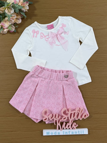 Conjunto Infantil Momi Inverno com Shorts Saia e Blusa Branca com Laço