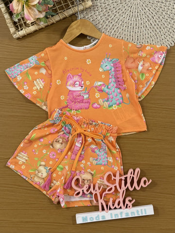 Conjunto Infantil Kukiê Verão com Shorts e Blusa Laranja Tigre