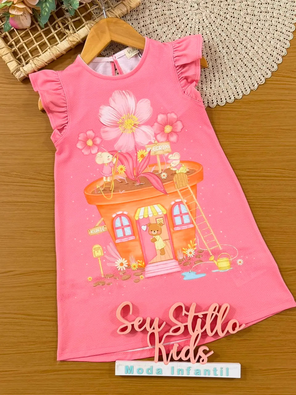Vestido Infantil Kukiê Verão Rosa Jardin dos Animais