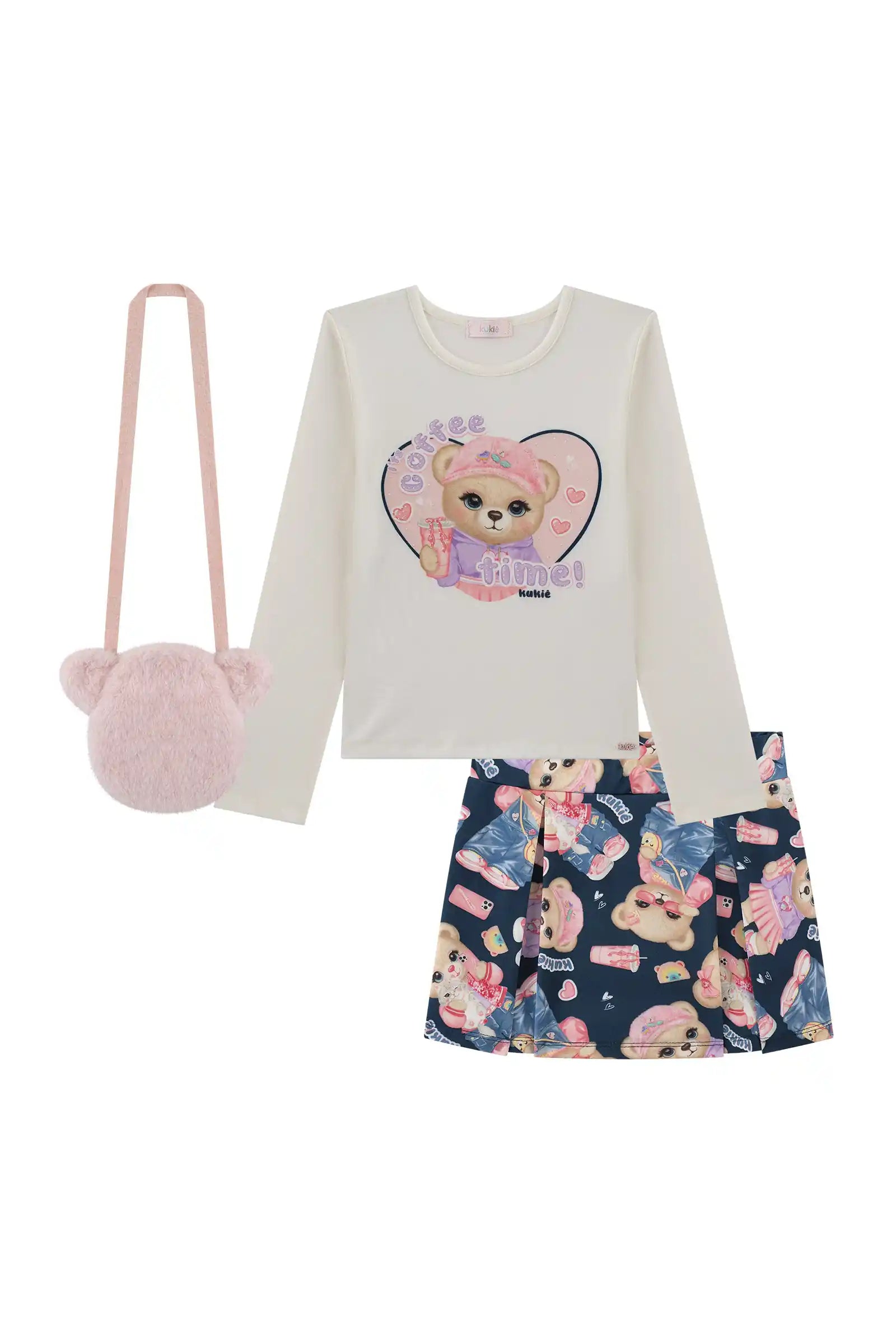 Conjunto Infantil Kukiê Inverno com Shorts Saia Azul Marinho, Blusa Manga Longa e Bolsinha