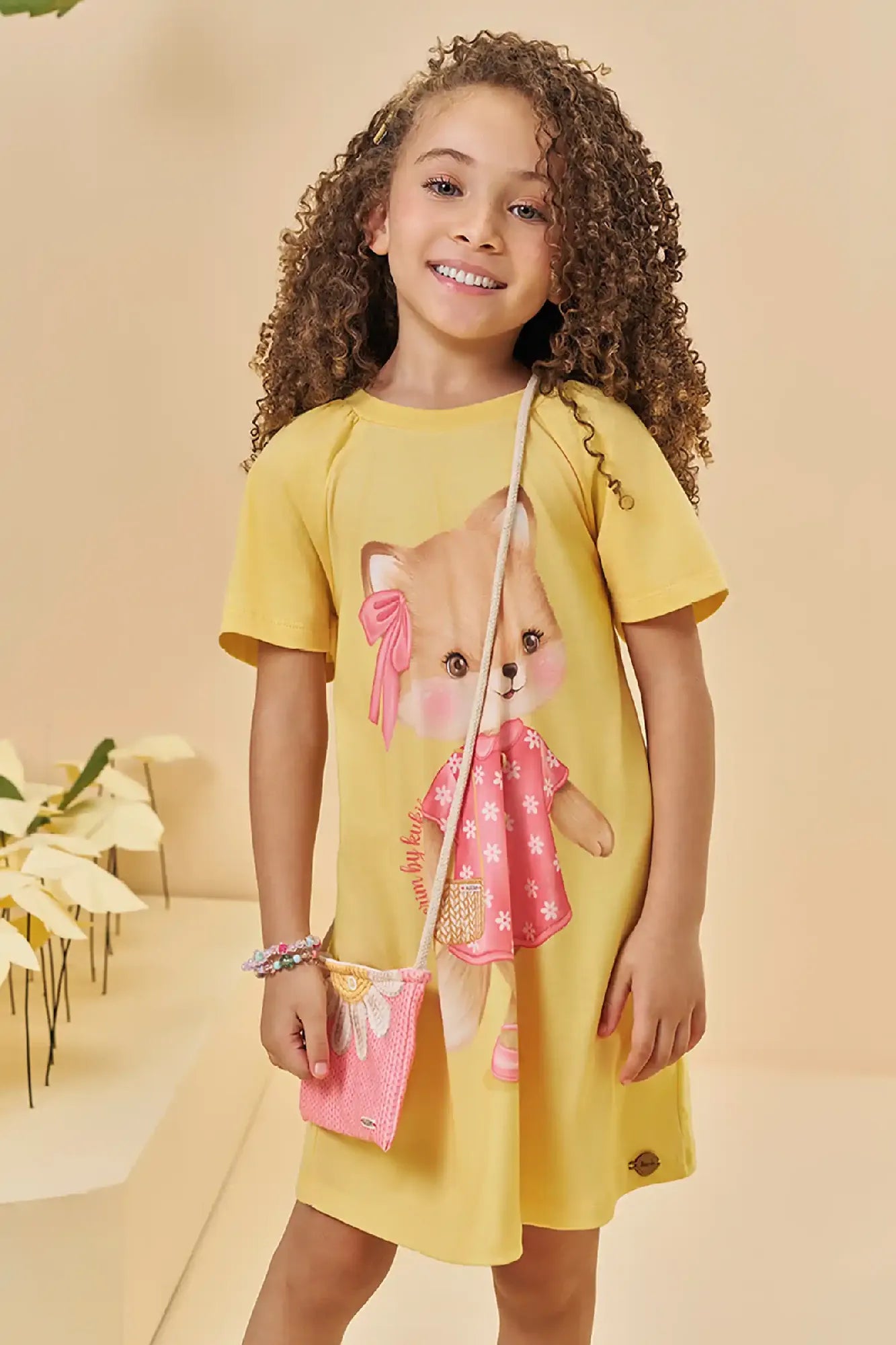 Vestido Infantil Kukiê Amarelo Raposinha com Bolsinha