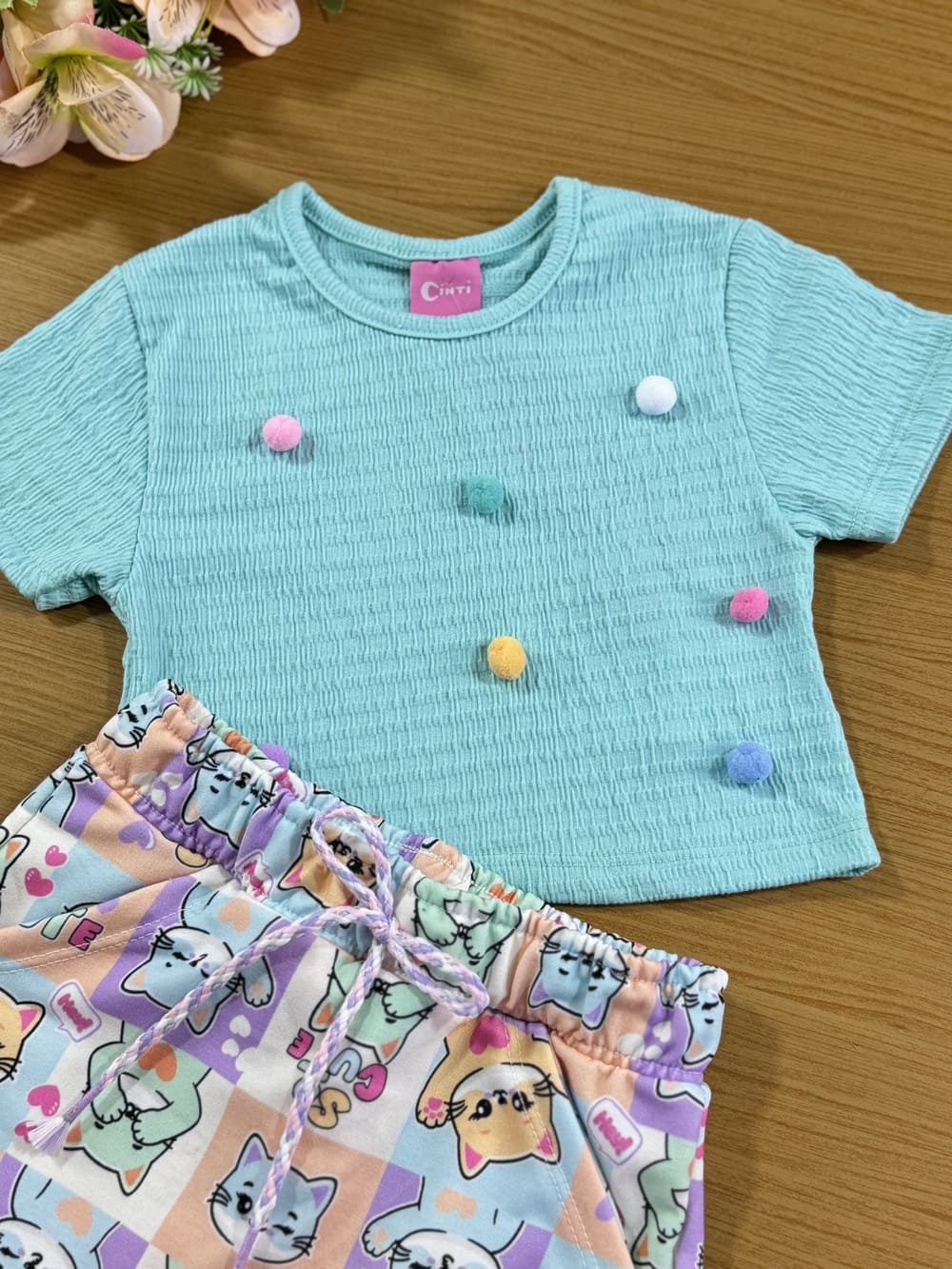 Conjunto Infantil Cinti Verão Shorts Saia e Blusa Azul Cute