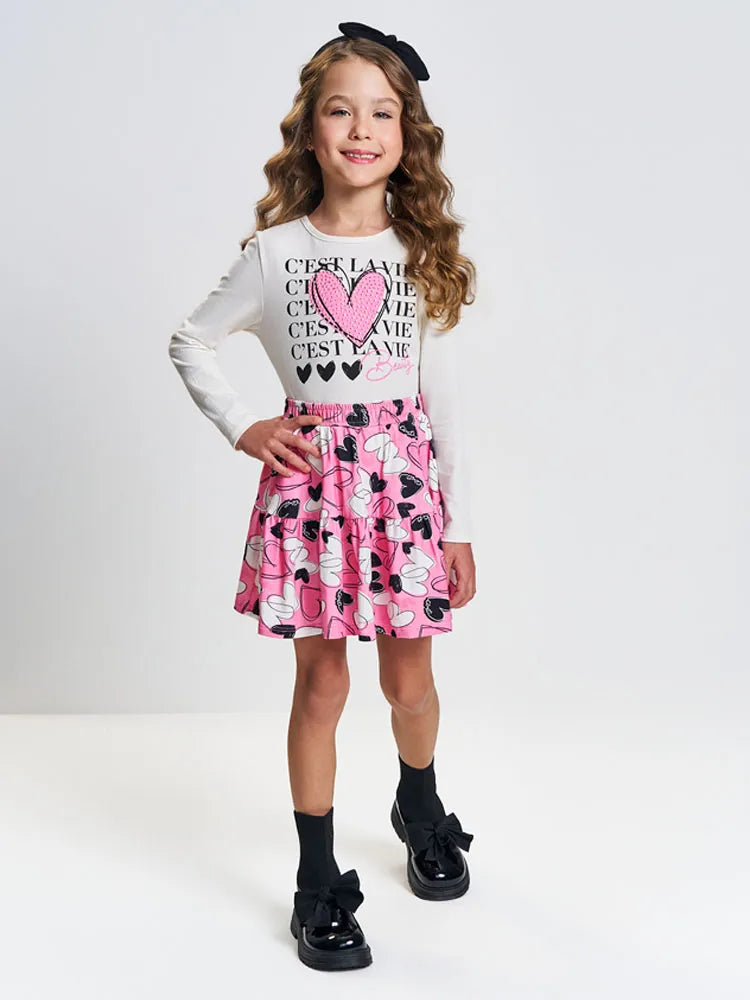 Conjunto Infantil Cinti Inverno Com Saia Rosa e Blusa Manga Longa Coração Strass