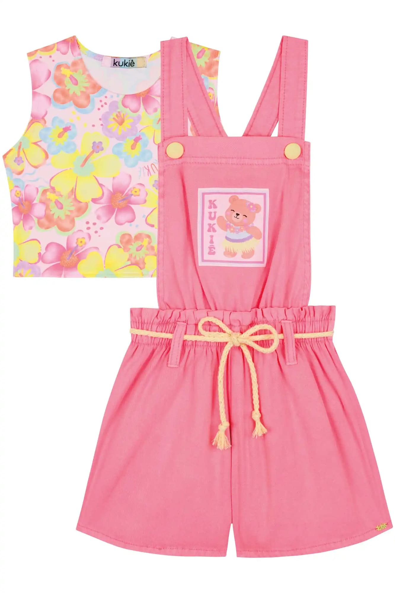 Jardineira Infantil Kukiê Verão Rosa Ursinha com Cropped Floral