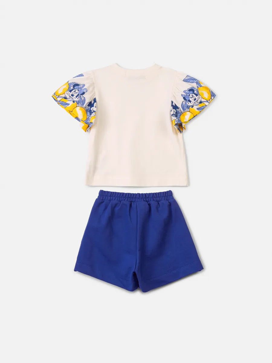 Conjunto Infantil Menina Animê com Shorts Azul e Blusa Bege Minnie Limãozinho Disney