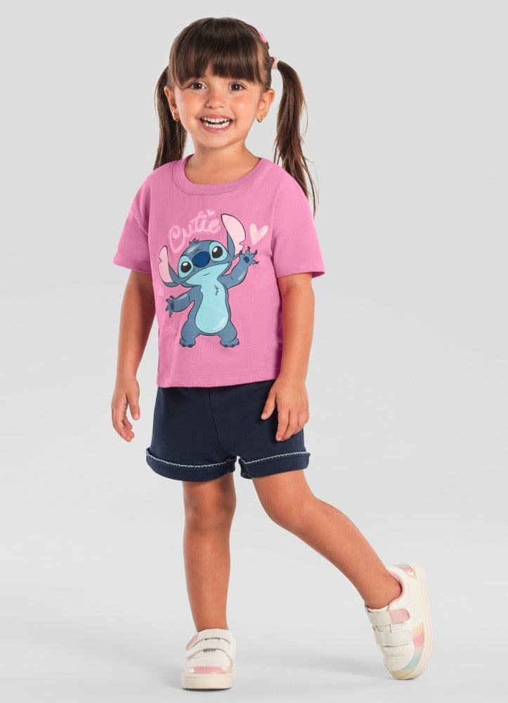 Blusa Infantil Menina Brandili Verão Rosa Stitch Cutie Disney