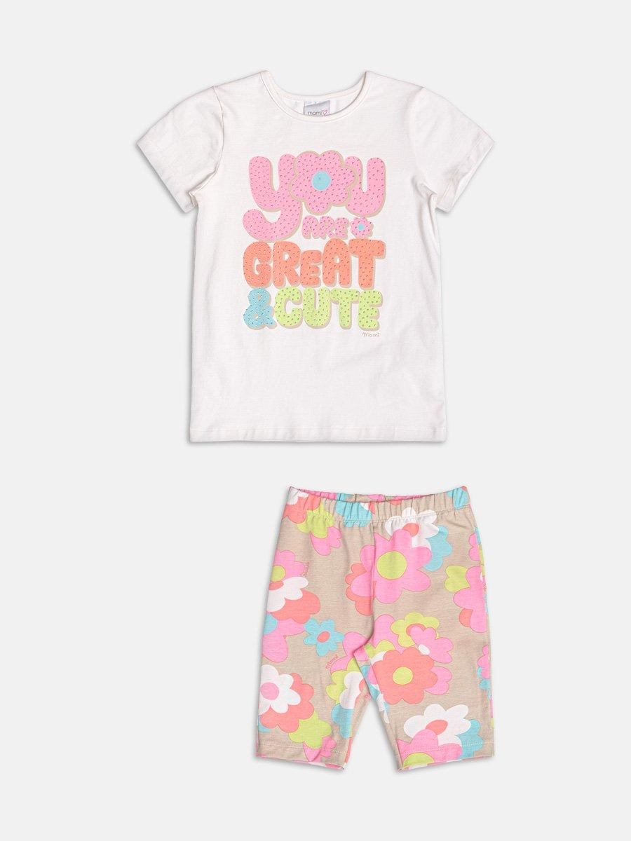 Conjunto Infantil Momi Verão com Shorts Ciclista Bege e Blusa Branca Florzinha com Strass