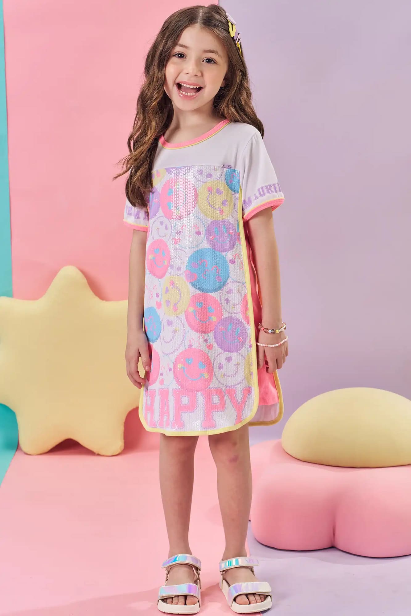 Vestido Infantil Kukiê Verão Branco Emojis em Paetê