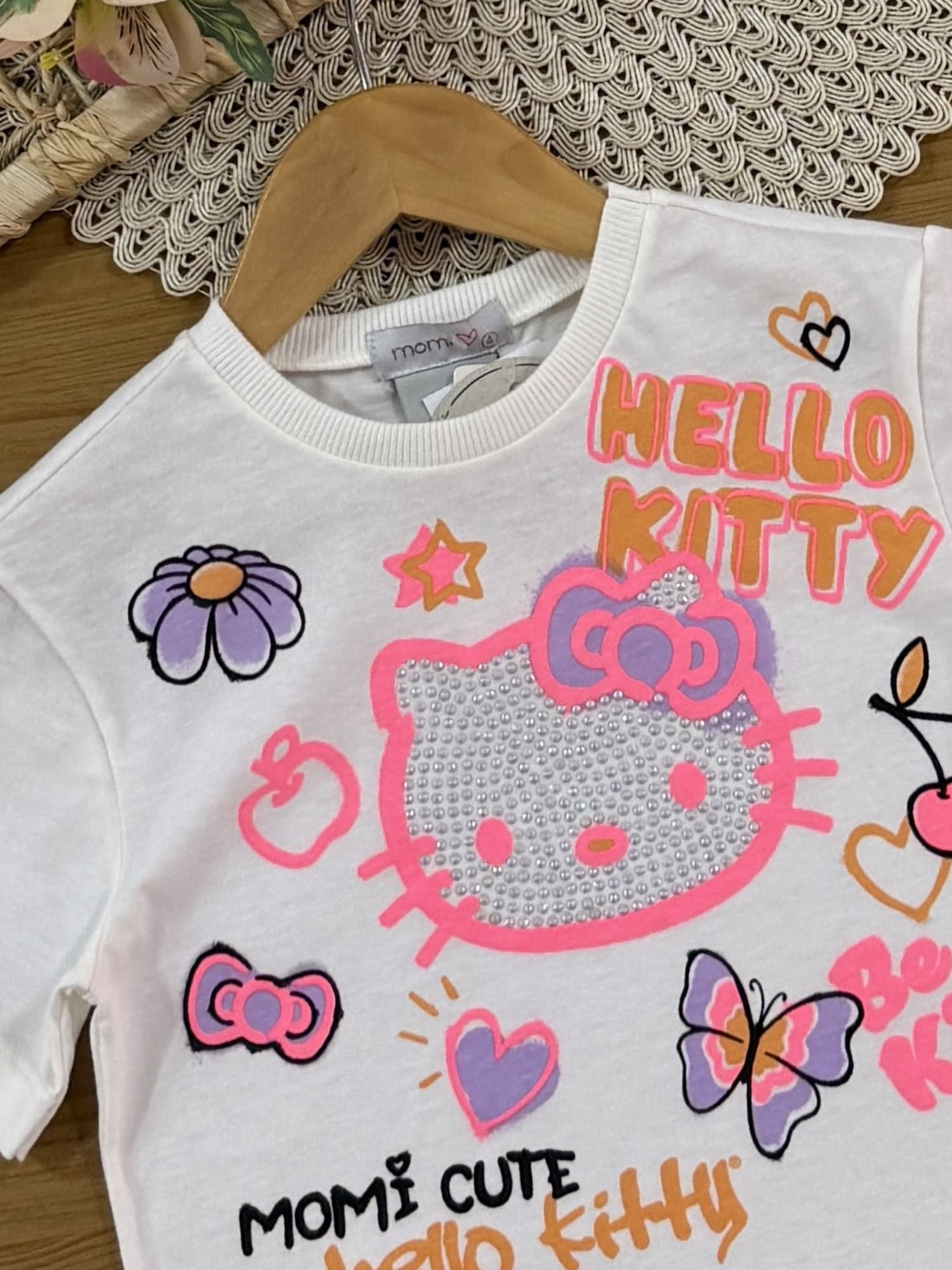 Blusa Infantil Momi Verão Branca Hello Kitty Borboletas