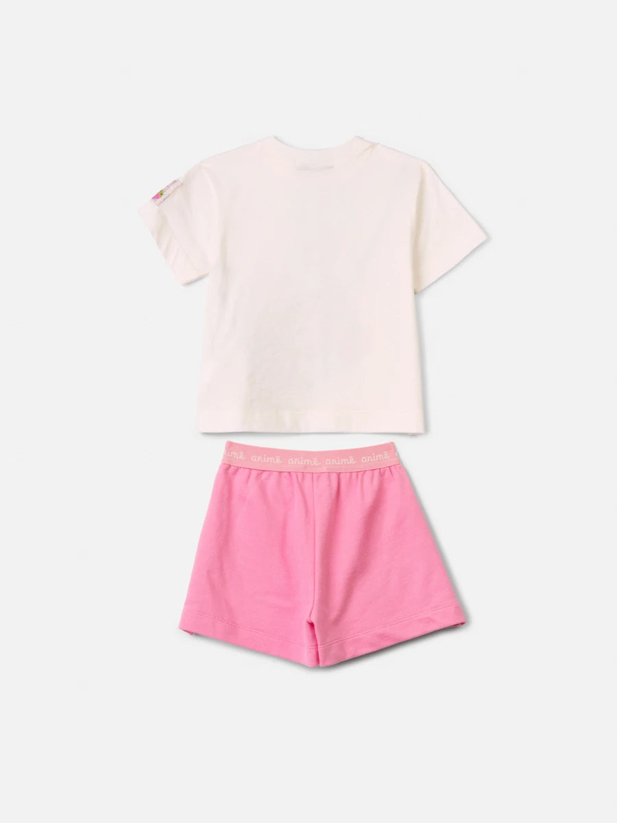 Conjunto Infantil Menina Animê com Shorts Saia Rosa e Blusa Moranguinho