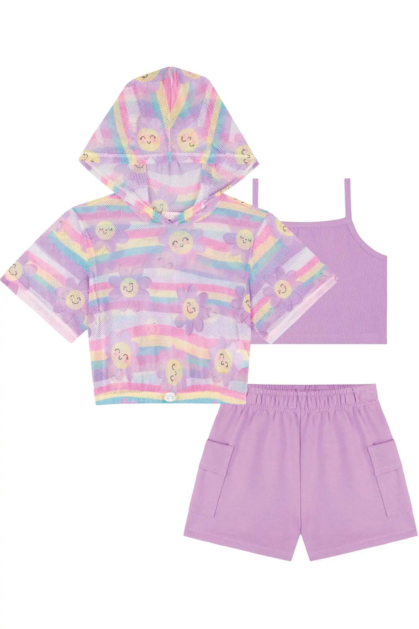 Conjunto Infantil Kukiê Verão Shorts e Top Lilás com Sobreposição Florzinhas