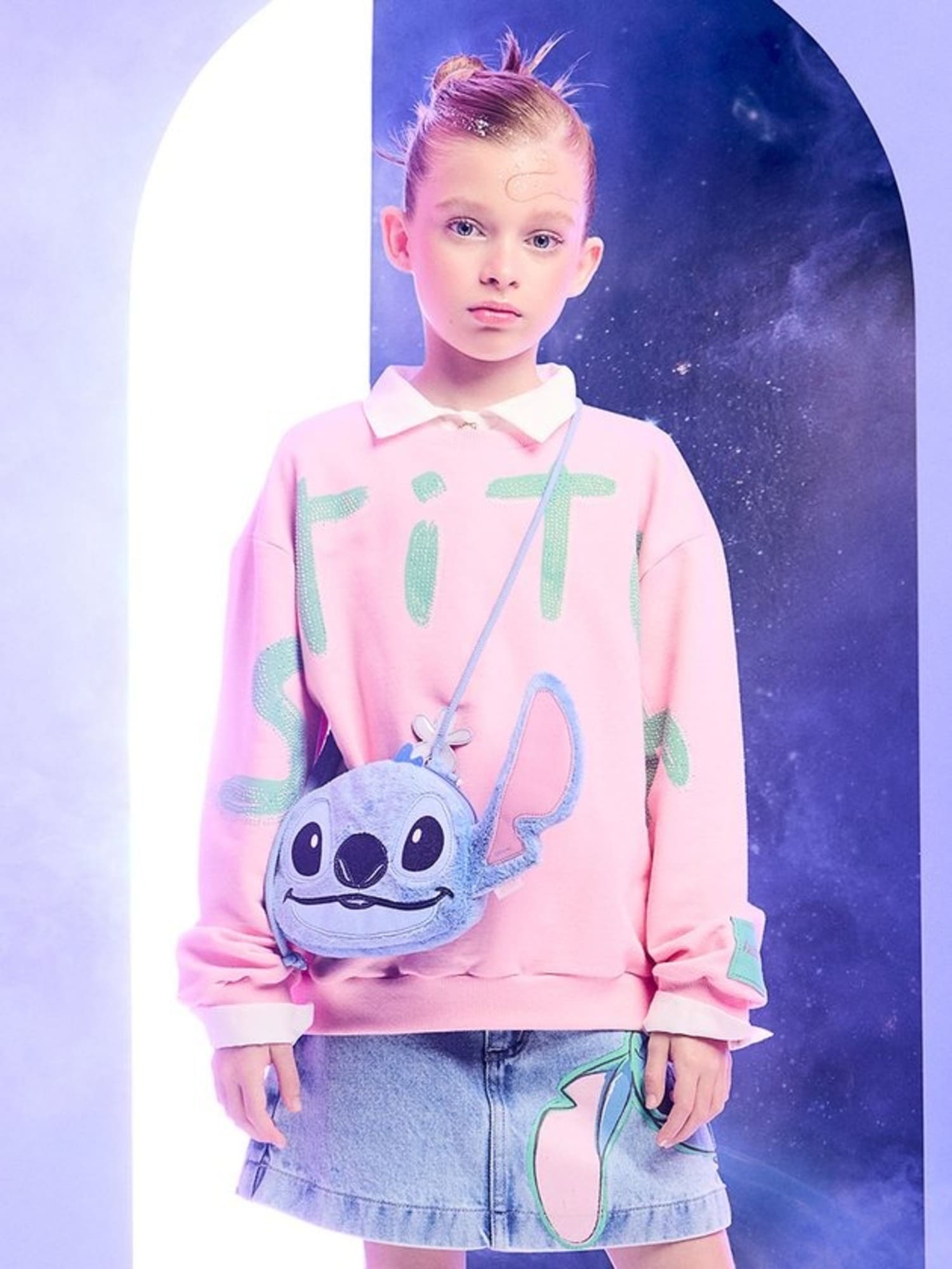 Moletom Infantil Animê Inverno Rosa sem Flanela Stitch com Strass Disney