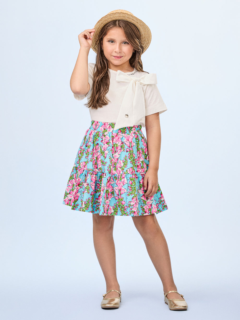 Conjunto Infantil Animê Verão Saia Azul Floral e Blusa Branca Lacinho