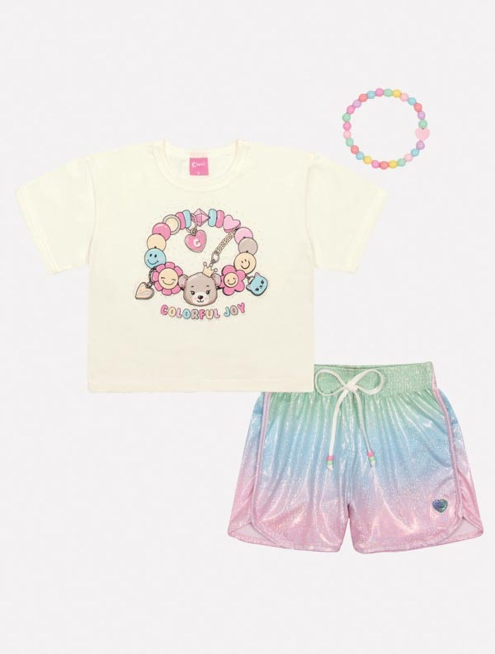 Conjunto Infantil Cinti Verão Shorts Holográfico e Blusa Pandora Ursinho