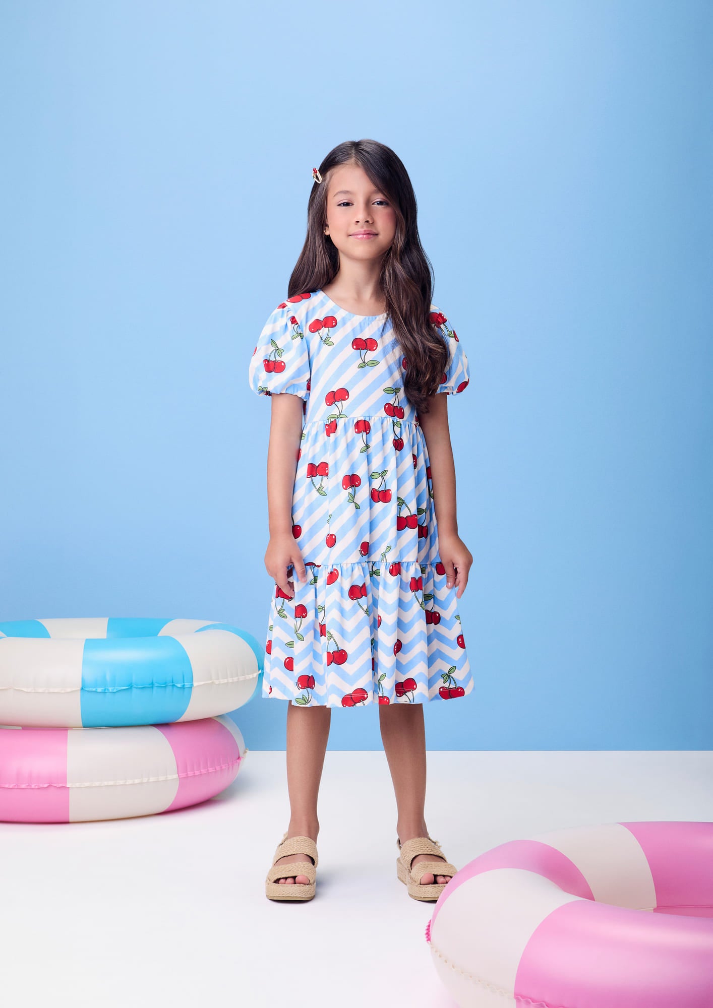 Vestido Infantil Momi Verão Azul Listrado Cerejinha