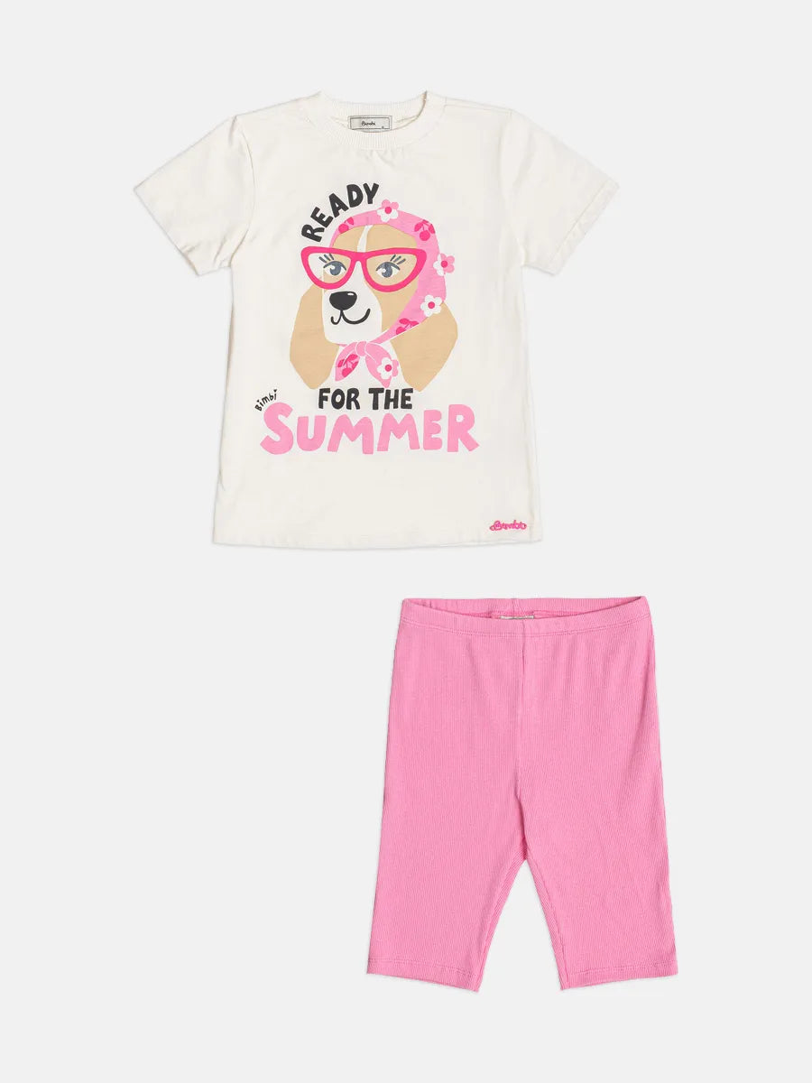 Conjunto Infantil Menina Bimbi Shorts Ciclista Rosa e Blusa Cachorrinha