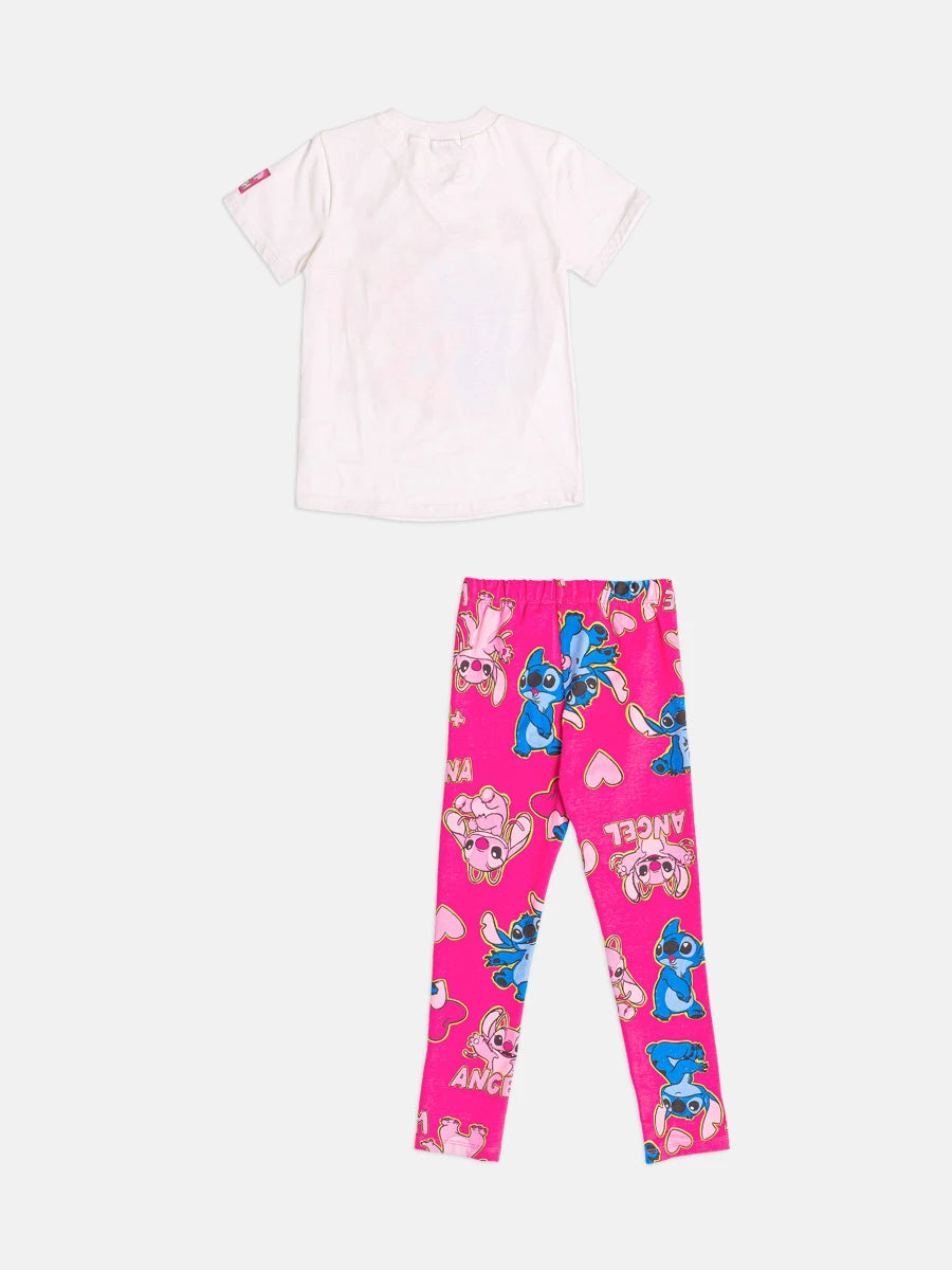 Conjunto Infantil Momo Inverno com Calça Legging Rosa e Blusa Manga Curta Stitch e Angel Love Disney