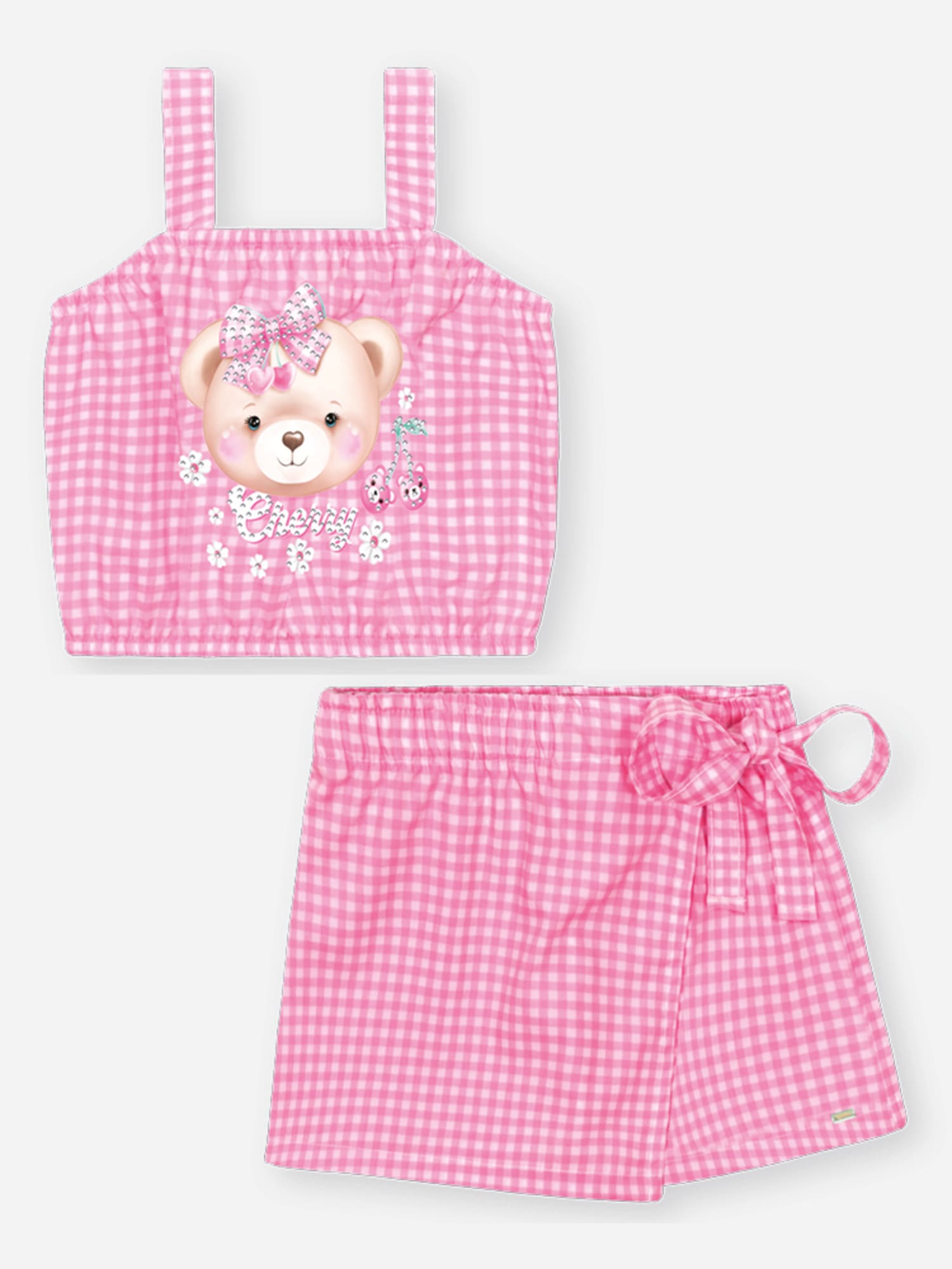 Conjunto Infantil Cinti Verão com Shorts Saia e Cropped Xadrez Rosa Ursinha