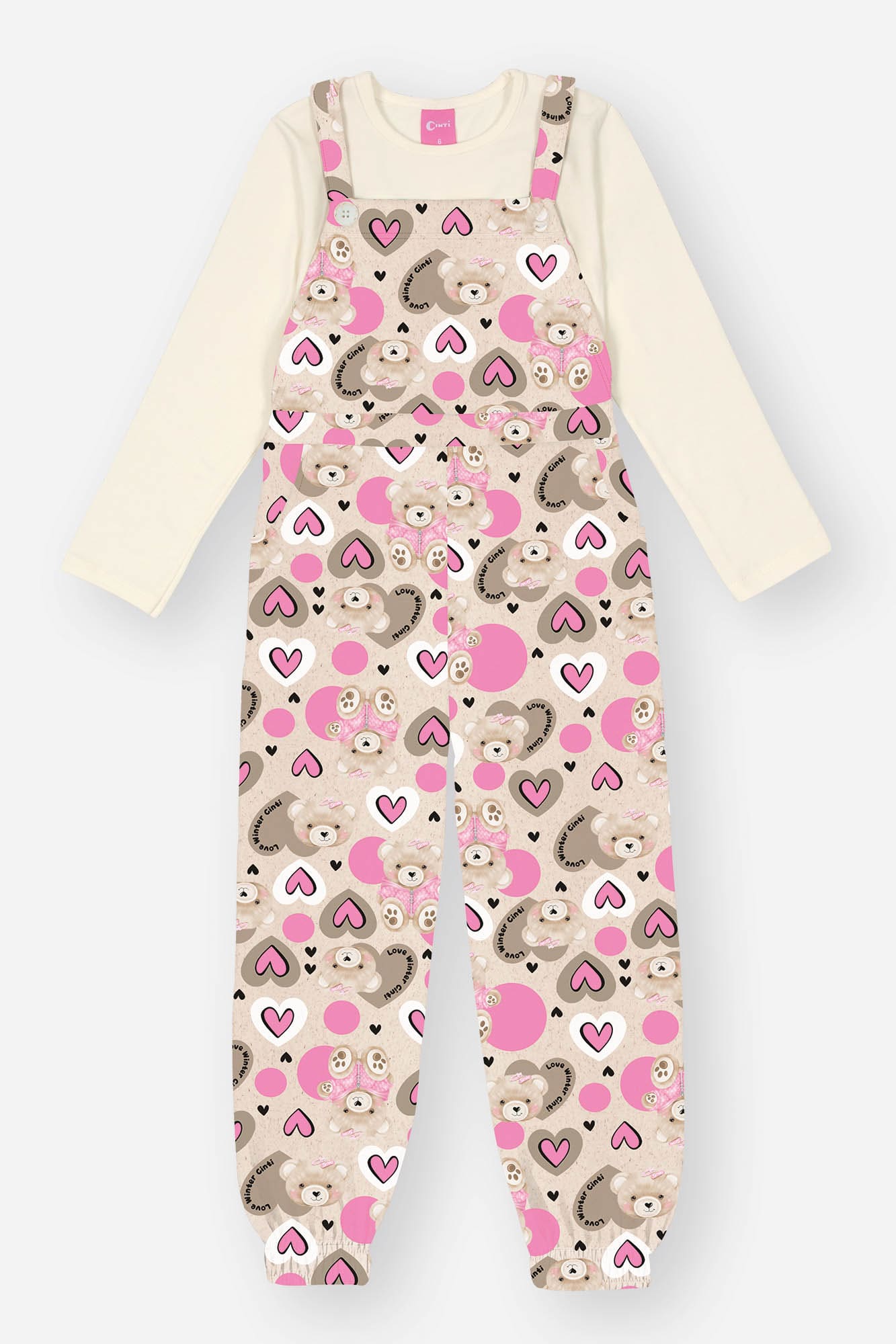 Jardineira Infantil Cinti Inverno Ursinhos Rosa e Blusa Manga Longa