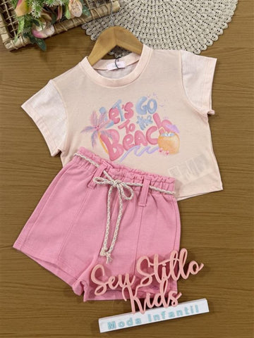 Conjunto Infantil Kukiê Verão com Shorts e Blusa Rosa Tropical