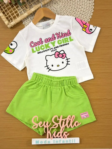 Conjunto Infantil Menina Momi com Shorts Verde e Blusa Branca Hello Kitty Strass