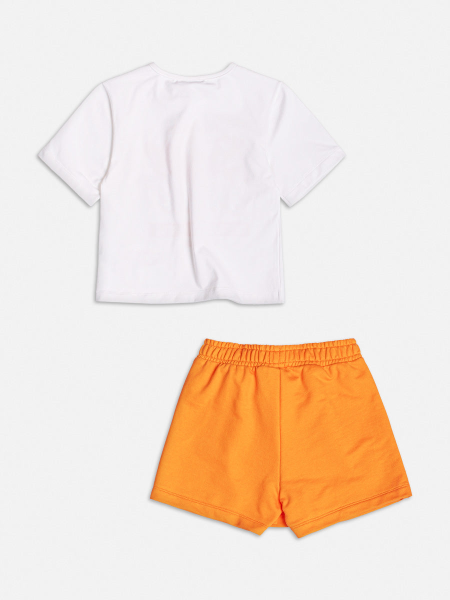 Conjunto Infantil Momi Verão Shorts Saia Laranja e Blusa com Strass