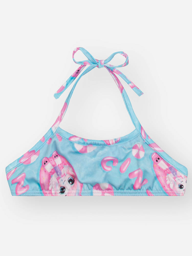 Biquíni Infantil Cinti Verão com Blusa Manga Longa Azul Unicórnio