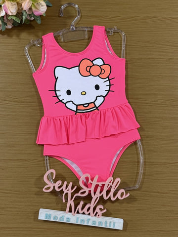 Maiô Infantil Momi Verão Rosa Neon com Babado Hello Kitty