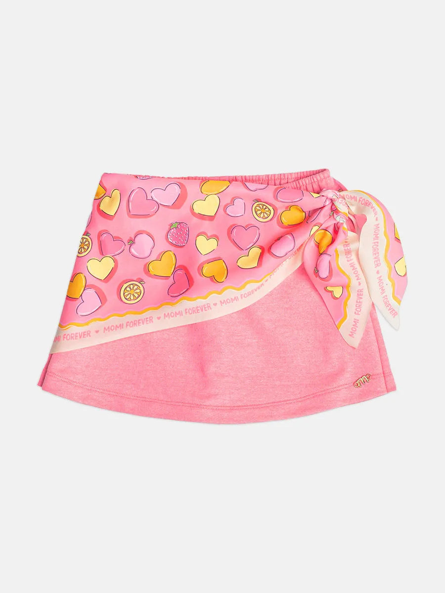 Conjunto Infantil Menina Momi com Short-Saia Rosa e Blusa Bege Corações Strass