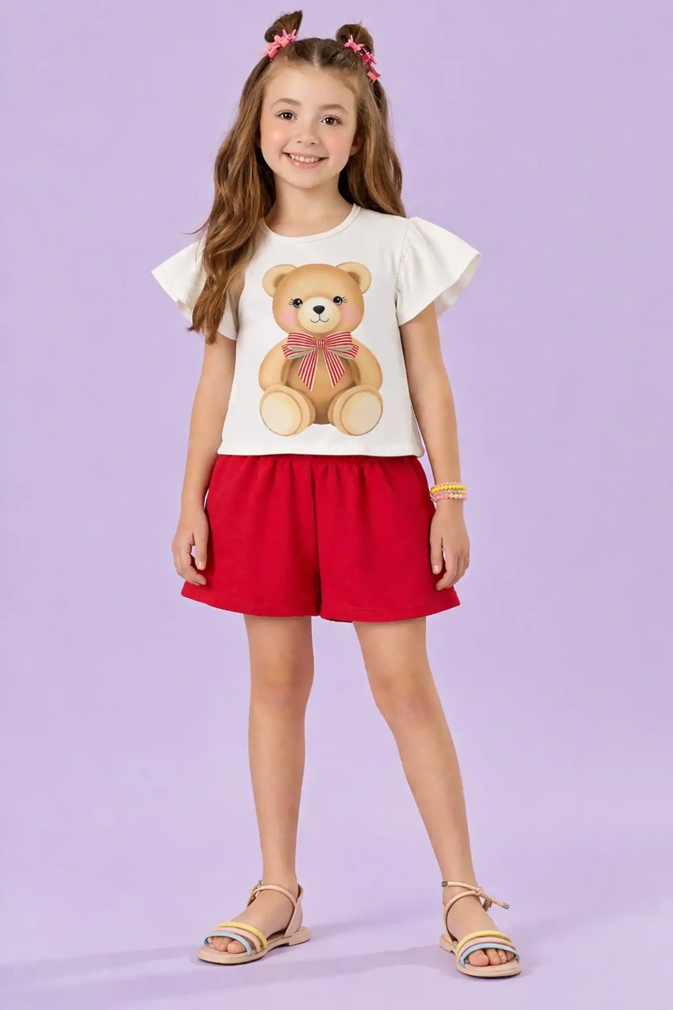 Conjunto Infantil Kukiê com Shorts Vermelho e Blusa Manga Curta Ursinho