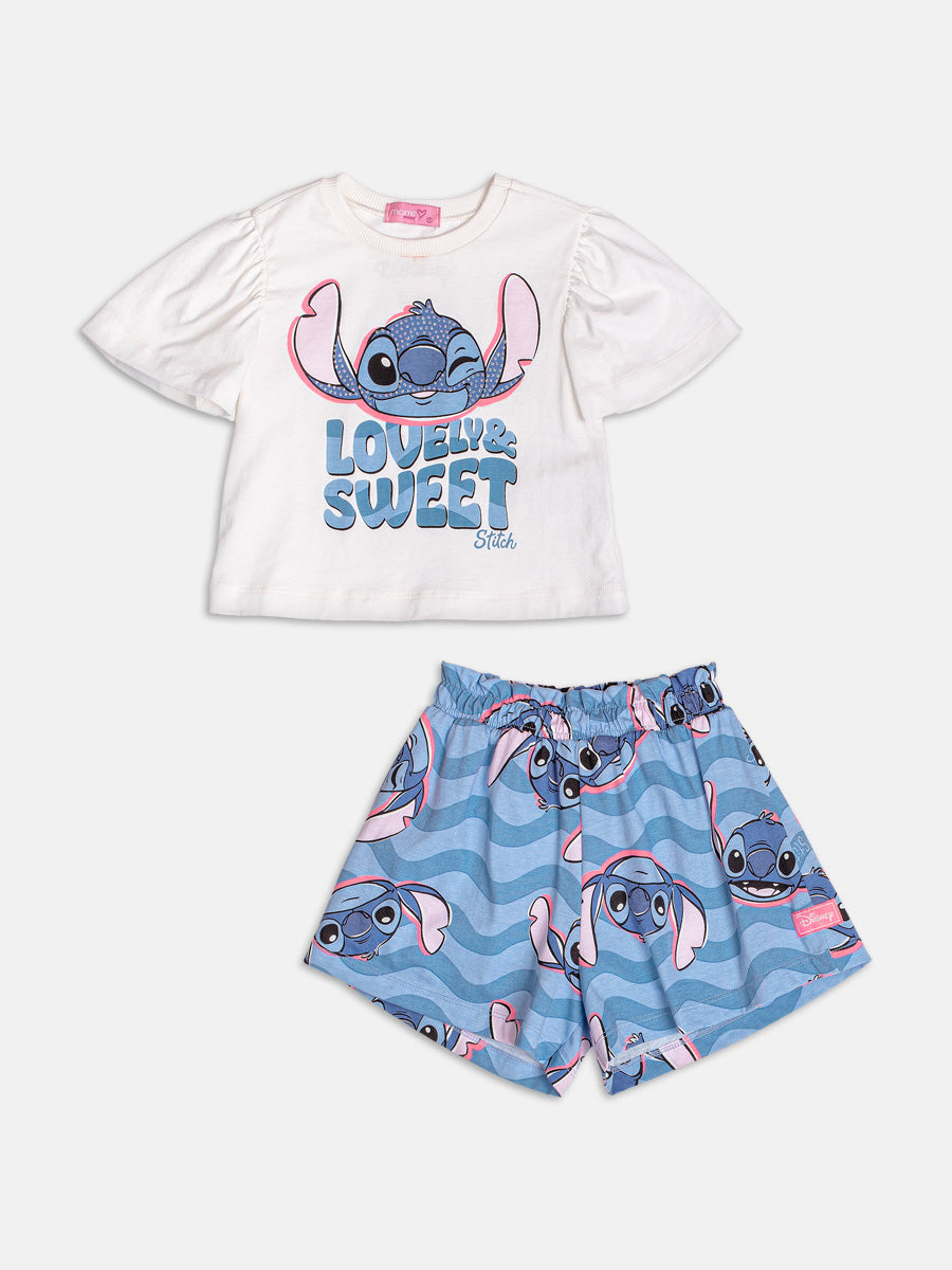 Conjunto Infantil Momi Verão com Shorst Azul e Blusa Branca Lovely Stitch